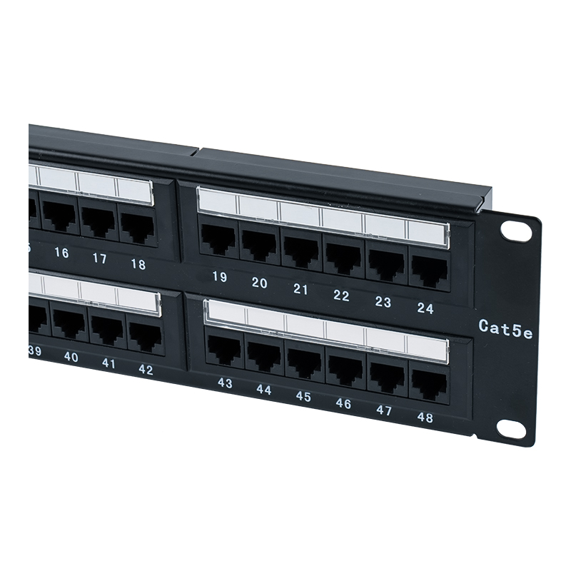 Panel de conexión Cat5e de 19 pulgadas y 2 U sin blindaje de 48 puertos (IDC de doble propósito; con inserto de cartón plástico) SP-3204D48-C5E