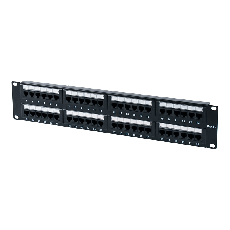 Panel de conexión Cat5e de 19 pulgadas y 2 U sin blindaje de 48 puertos (IDC de doble propósito; con inserto de cartón plástico) SP-3204D48-C5E